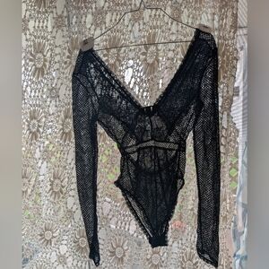 Black Lace Mesh Long Sleeve Bodysuit S Snap Crotch Open Back Sexy Goth Rave